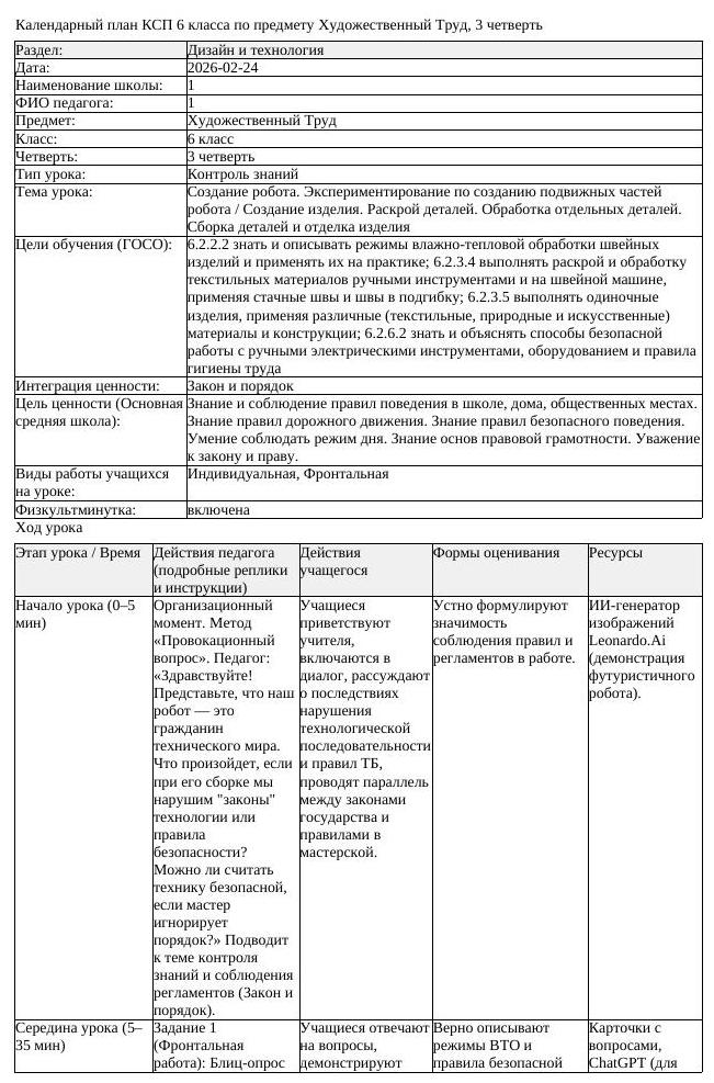 КСП Художественный Труд 6 класс 3 четверть Создание робота Экспериментирова (урок 4)