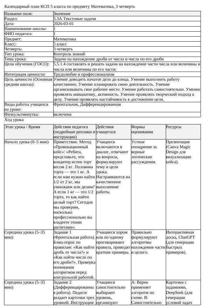 КСП Математика 5 класс 3 четверть Задачи на нахождение дроби от (урок 4)