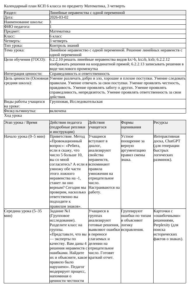 КСП Математика 6 класс 3 четверть Линейное неравенство с одной переменной (урок 4)