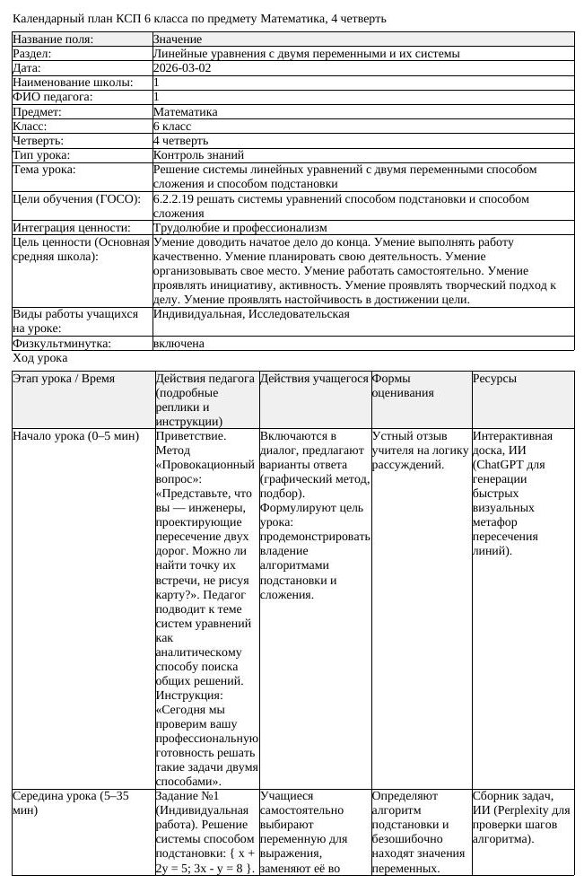 КСП Математика 6 класс 4 четверть Решение системы линейных уравнений (урок 6)