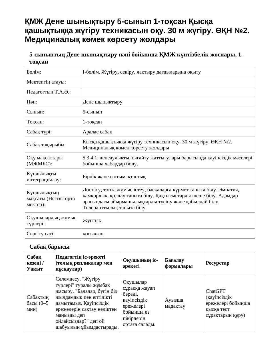 ҚМЖ Дене шынықтыру 5-сынып 1-тоқсан Қысқа қашықтыққа жүгіру техникасын оқу. 30 м жүгіру. ӨҚН №2. Медициналық көмек көрсету жолдары