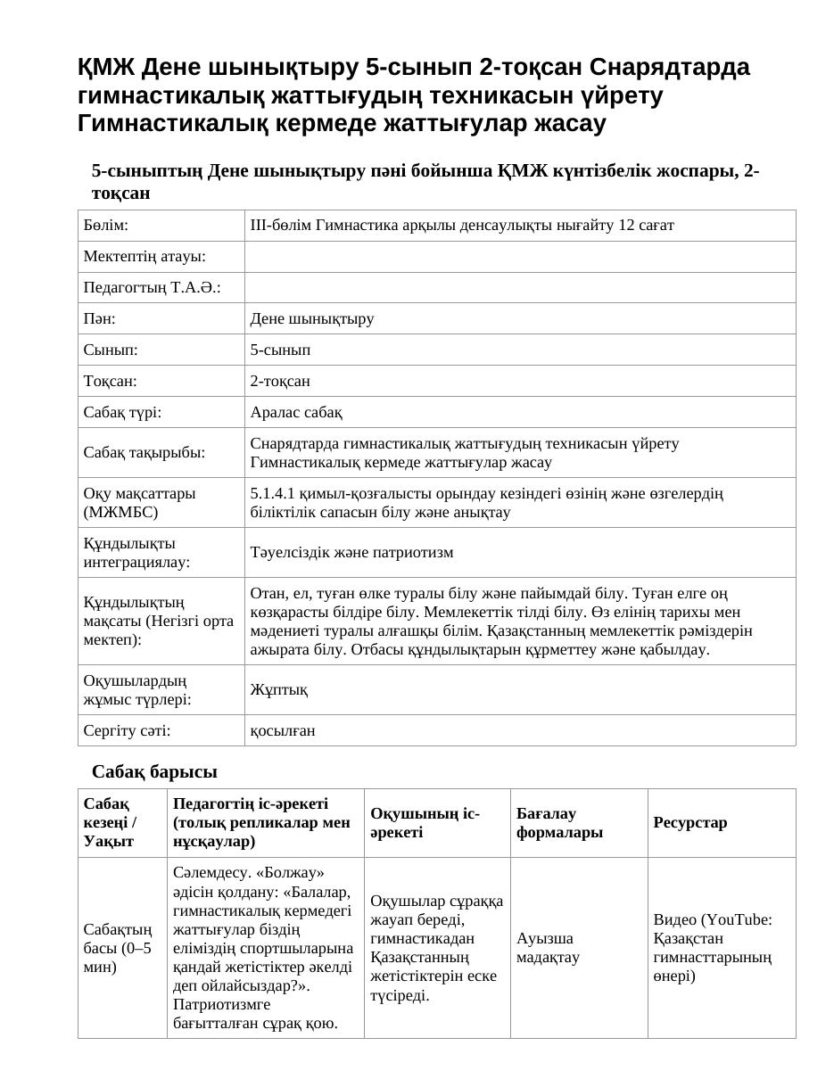 ҚМЖ Дене шынықтыру 5-сынып 2-тоқсан Снарядтарда гимнастикалық жаттығудың техникасын үйрету Гимнастикалық кермеде жаттығулар жасау
