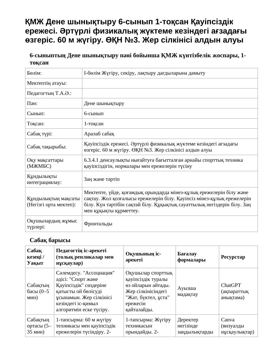 ҚМЖ Дене шынықтыру 6-сынып 1-тоқсан Қауіпсіздік ережесі. Әртүрлі физикалық жүктеме кезіндегі ағзадағы өзгеріс. 60 м жүгіру. ӨҚН №3. Жер сілкінісі алдын алуы