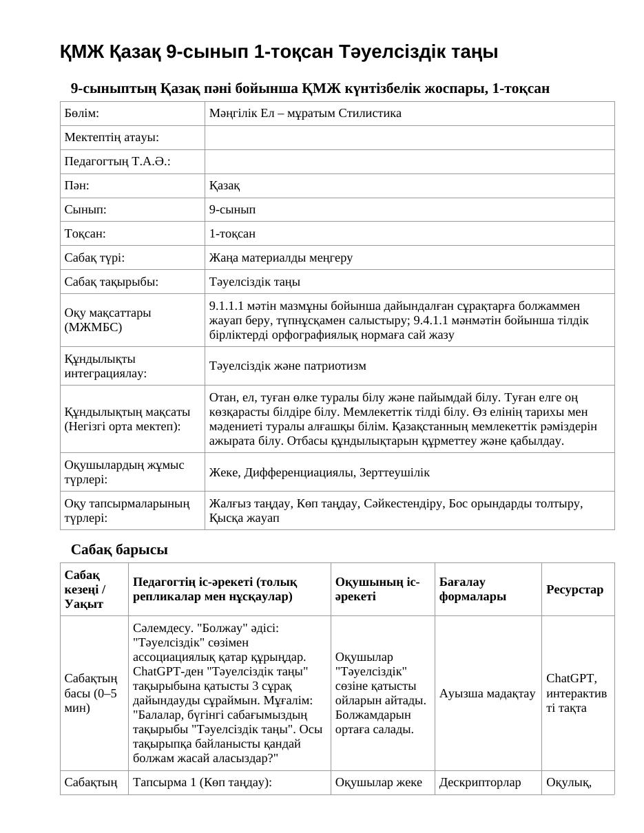 ҚМЖ Қазақ 9-сынып 1-тоқсан Тәуелсіздік таңы