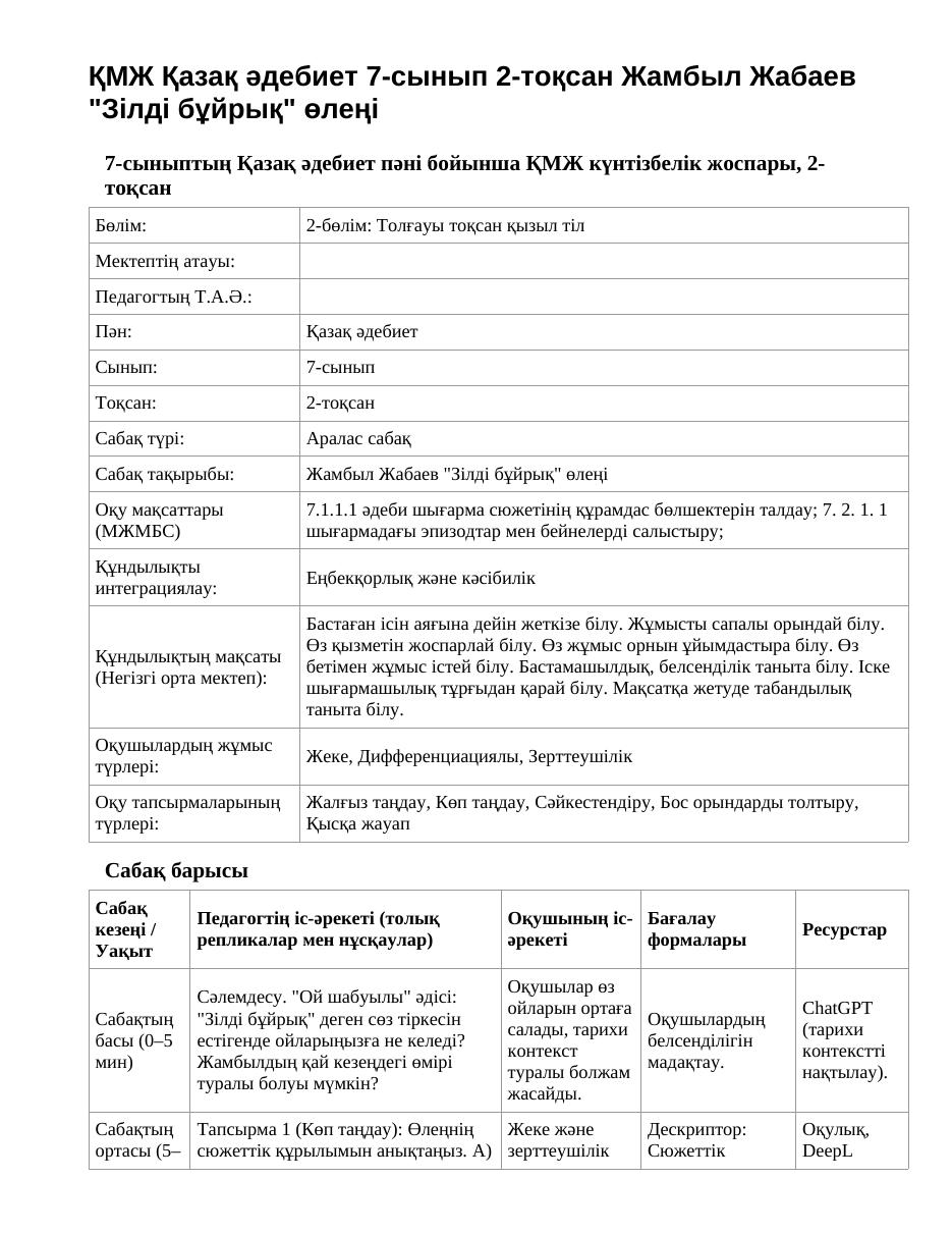 ҚМЖ Қазақ әдебиет 7-сынып 2-тоқсан Жамбыл Жабаев "Зілді бұйрық" өлеңі