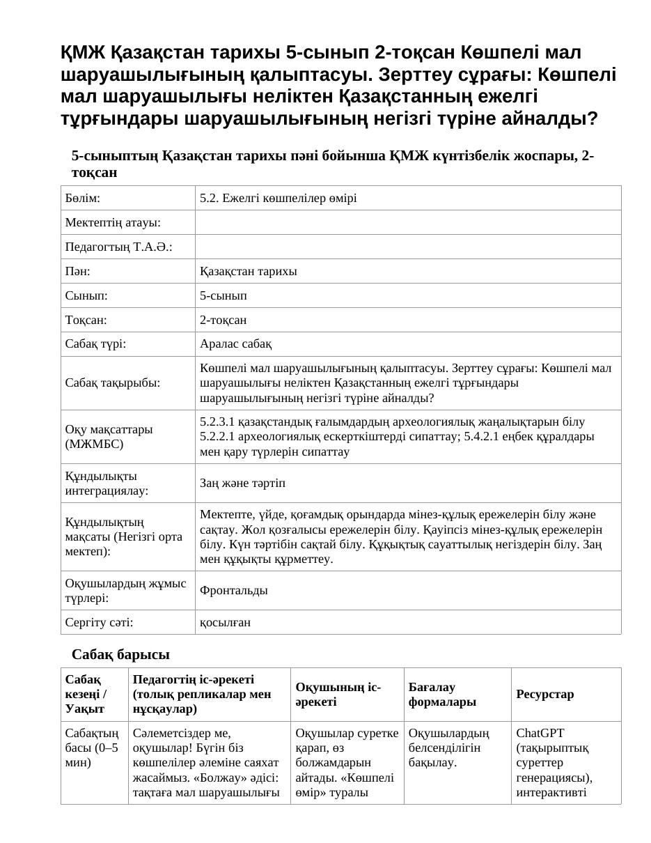 ҚМЖ Қазақстан тарихы 5-сынып 2-тоқсан Көшпелі мал шаруашылығының қалыптасуы. Зерттеу сұрағы: Көшпелі мал шаруашылығы неліктен Қазақстанның ежелгі тұрғындары шаруашылығының негізгі түріне айналды?