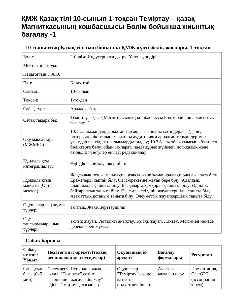 ҚМЖ Қазақ тілі 10-сынып 1-тоқсан Теміртау – қазақ Магниткасының көшбасшысы Бөлім бойынша жиынтық бағалау -1
