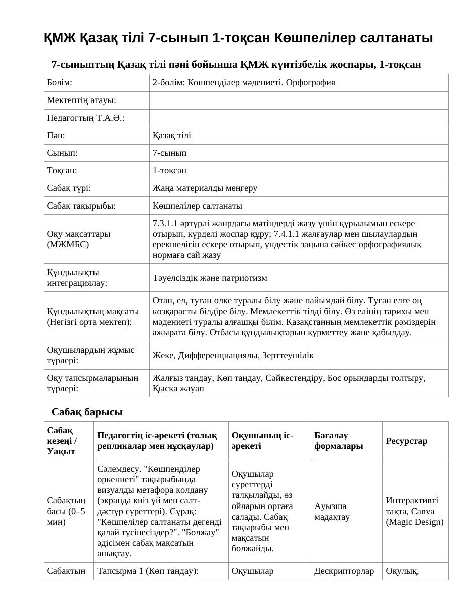 ҚМЖ Қазақ тілі 7-сынып 1-тоқсан Көшпелілер салтанаты