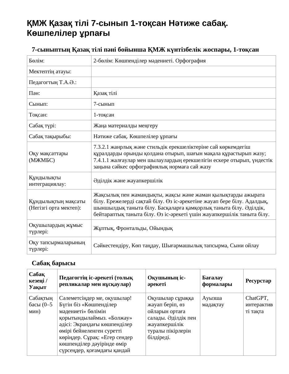 ҚМЖ Қазақ тілі 7-сынып 1-тоқсан Нәтиже сабақ. Көшпелілер ұрпағы