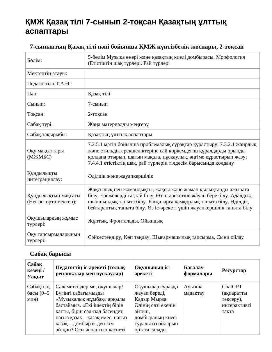 ҚМЖ Қазақ тілі 7-сынып 2-тоқсан Қазақтың ұлттық аспаптары