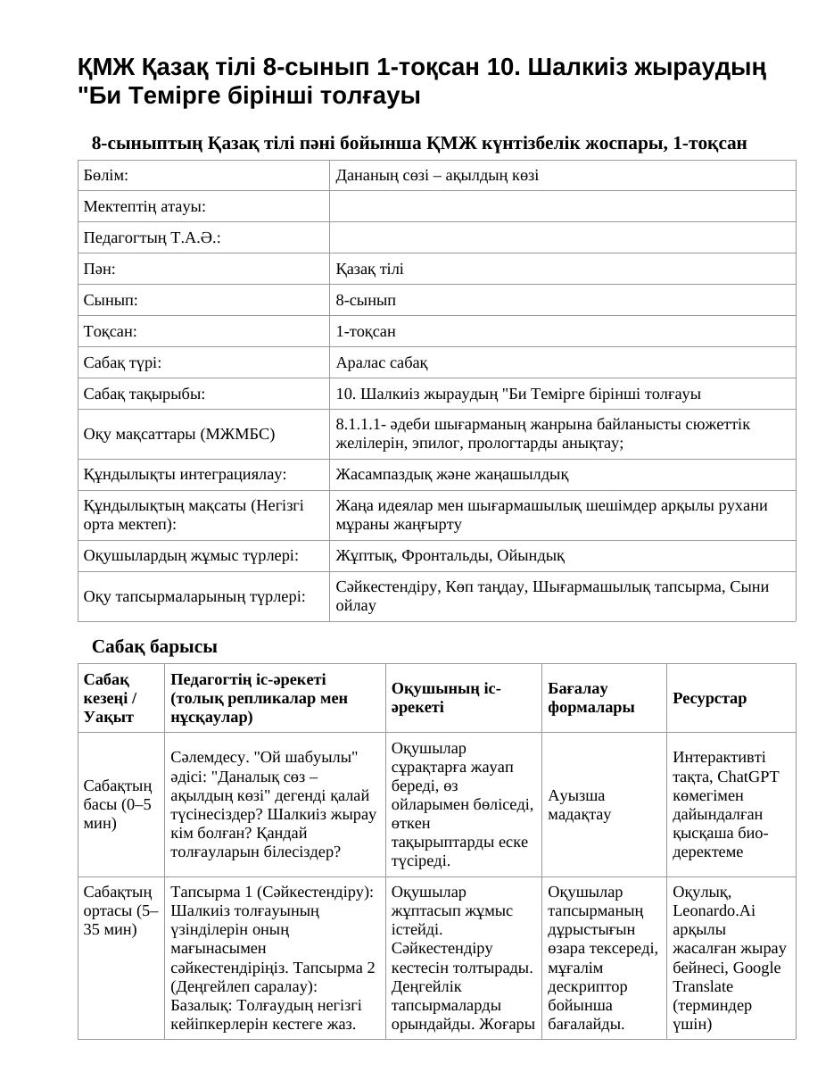 ҚМЖ Қазақ тілі 8-сынып 1-тоқсан 10. Шалкиіз жыраудың "Би Темірге бірінші толғауы