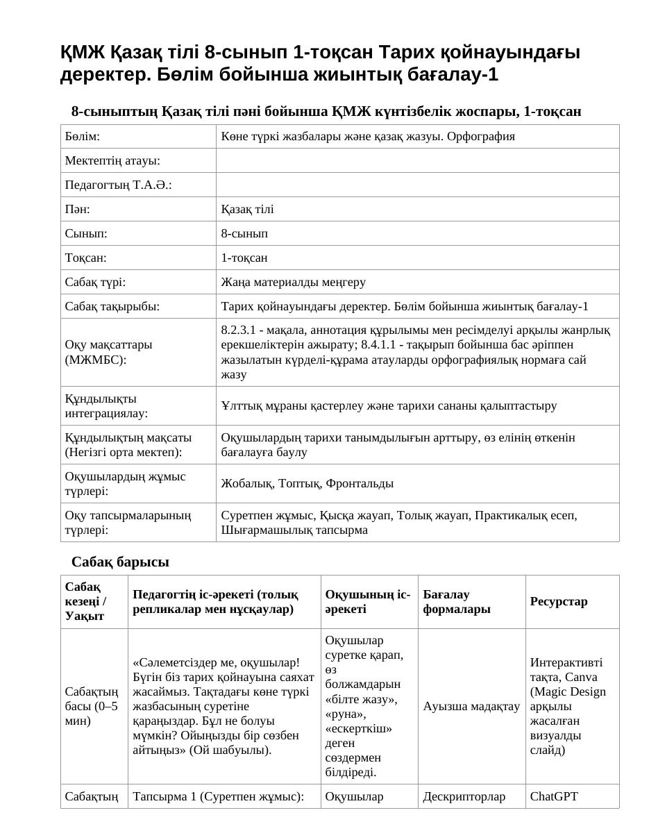 ҚМЖ Қазақ тілі 8-сынып 1-тоқсан Тарих қойнауындағы деректер. Бөлім бойынша жиынтық бағалау-1