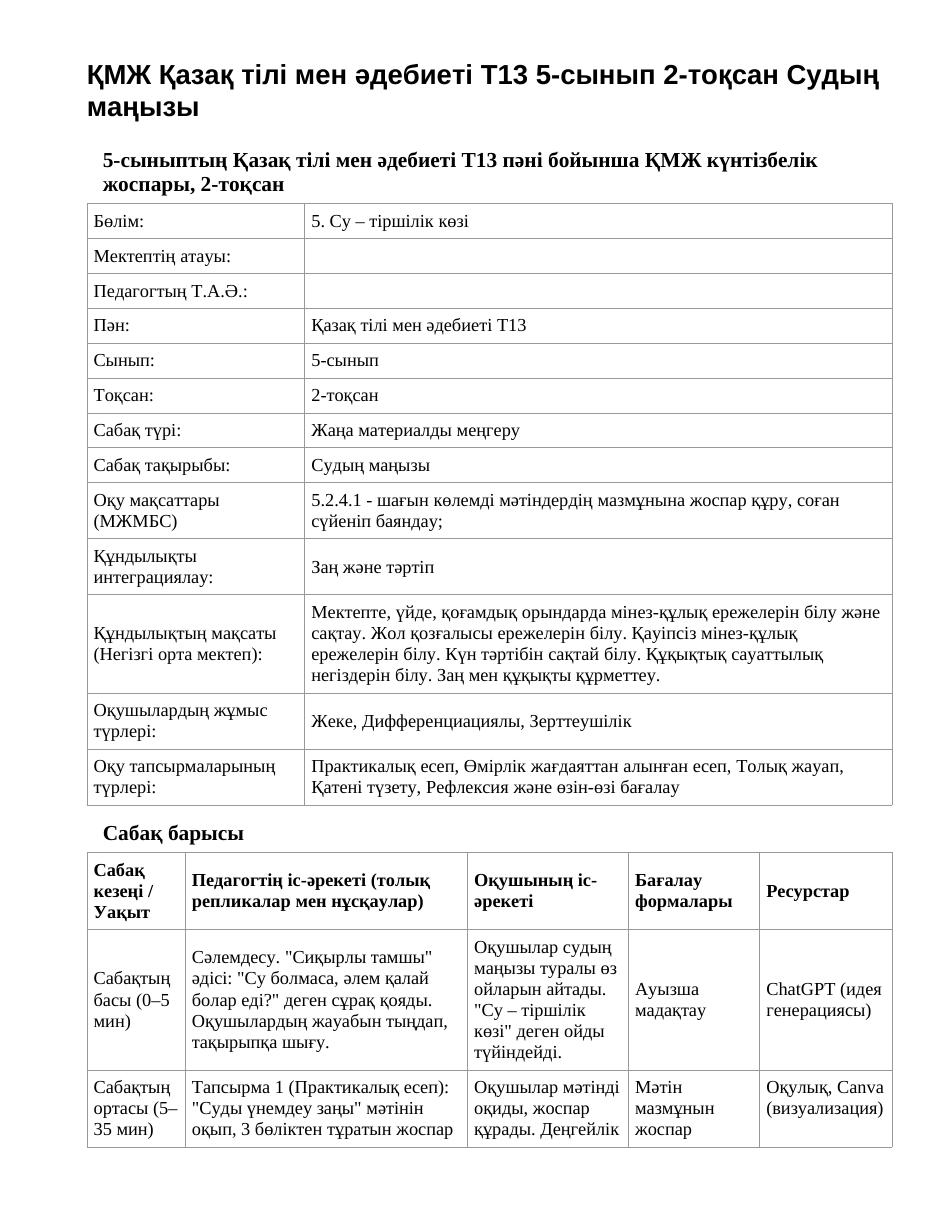 ҚМЖ Қазақ тілі мен әдебиеті Т2 5-сынып 2-тоқсан Судың маңызы (1-сабақ)