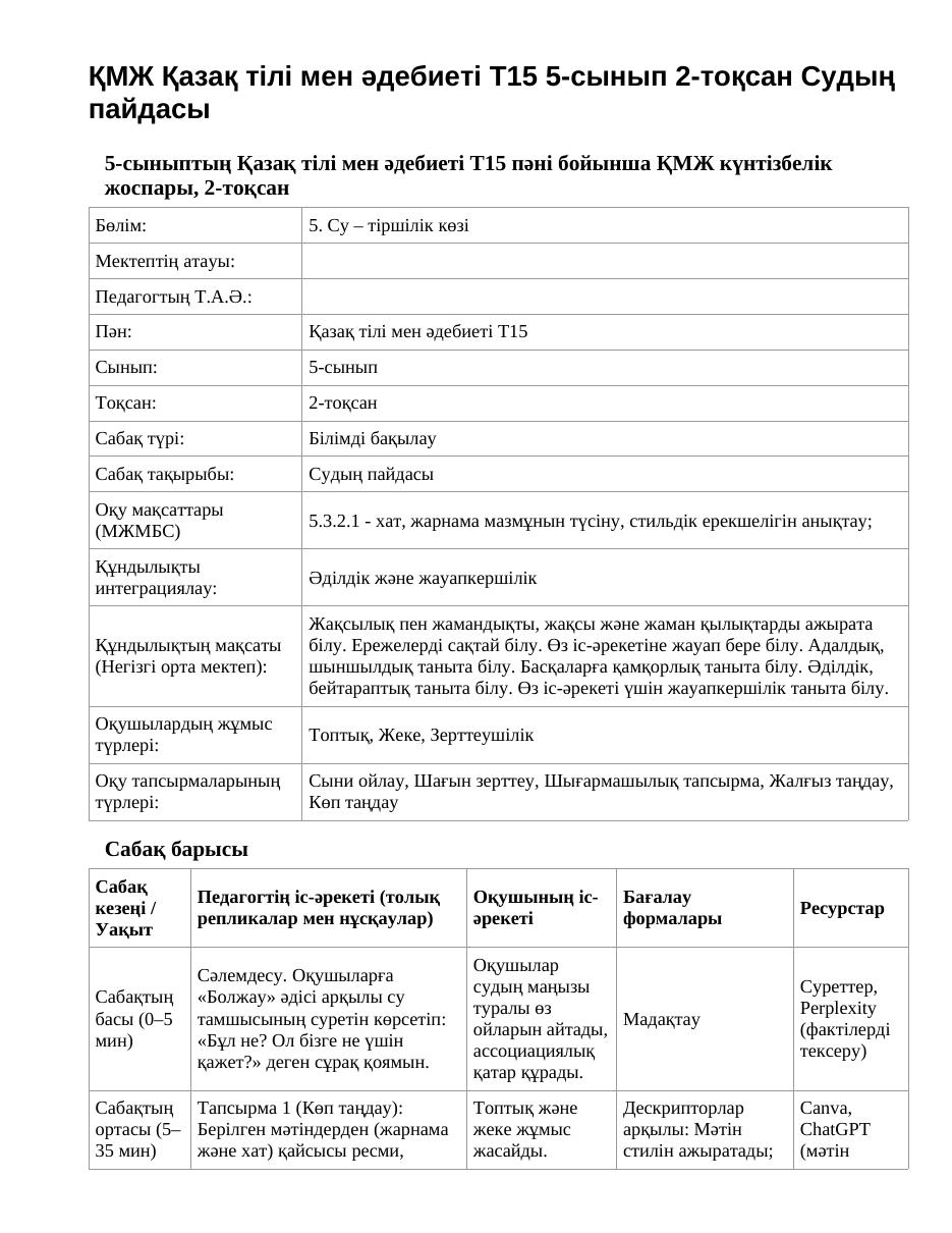 ҚМЖ Қазақ тілі мен әдебиеті Т2 5-сынып 2-тоқсан Судың пайдасы