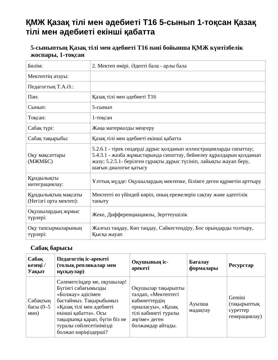 ҚМЖ Қазақ тілі мен әдебиеті Т2 5-сынып 1-тоқсан Қазақ тілі мен әдебиеті екінші қабатта