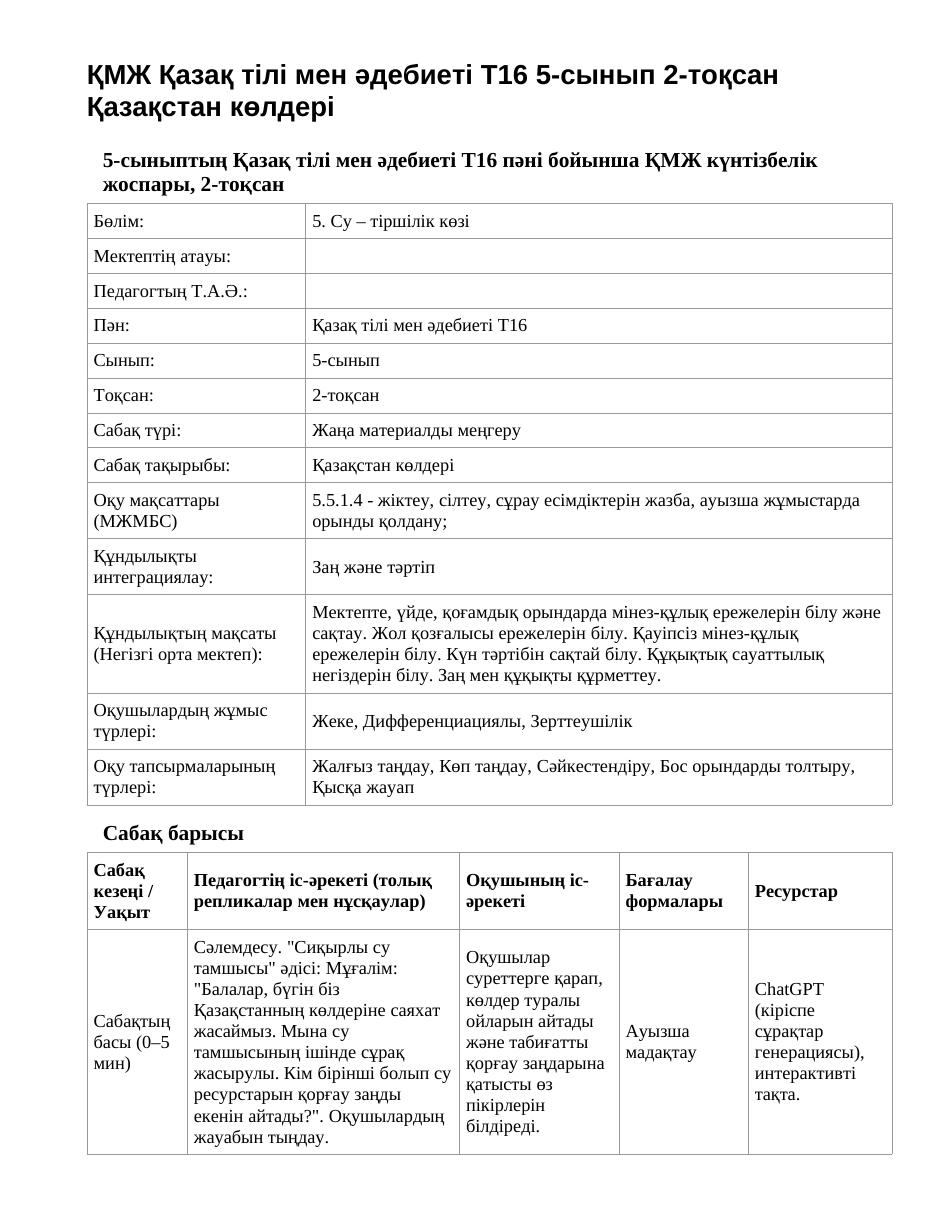 ҚМЖ Қазақ тілі мен әдебиеті Т2 5-сынып 2-тоқсан Қазақстан көлдері (1-сабақ)