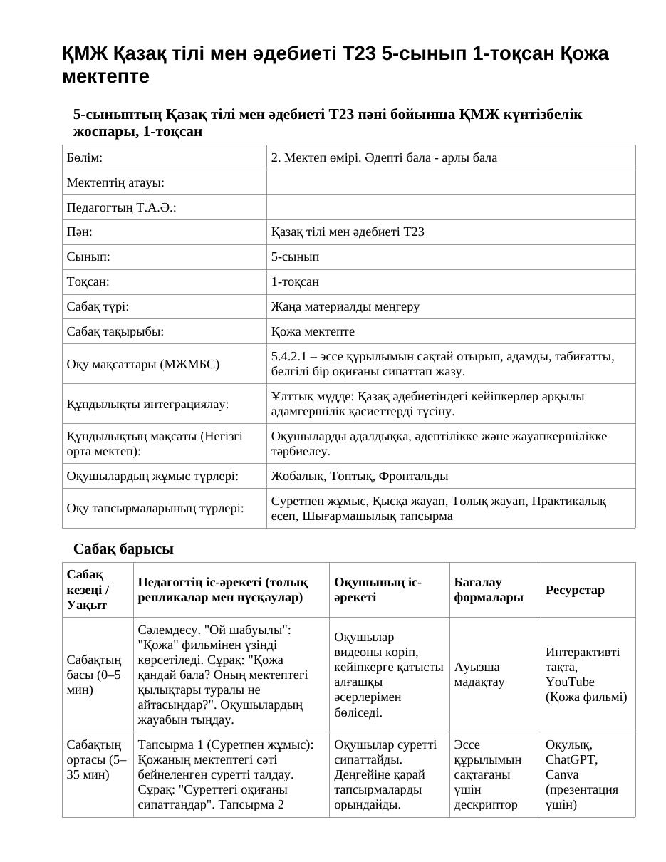 ҚМЖ Қазақ тілі мен әдебиеті Т2 5-сынып 1-тоқсан Қожа мектепте