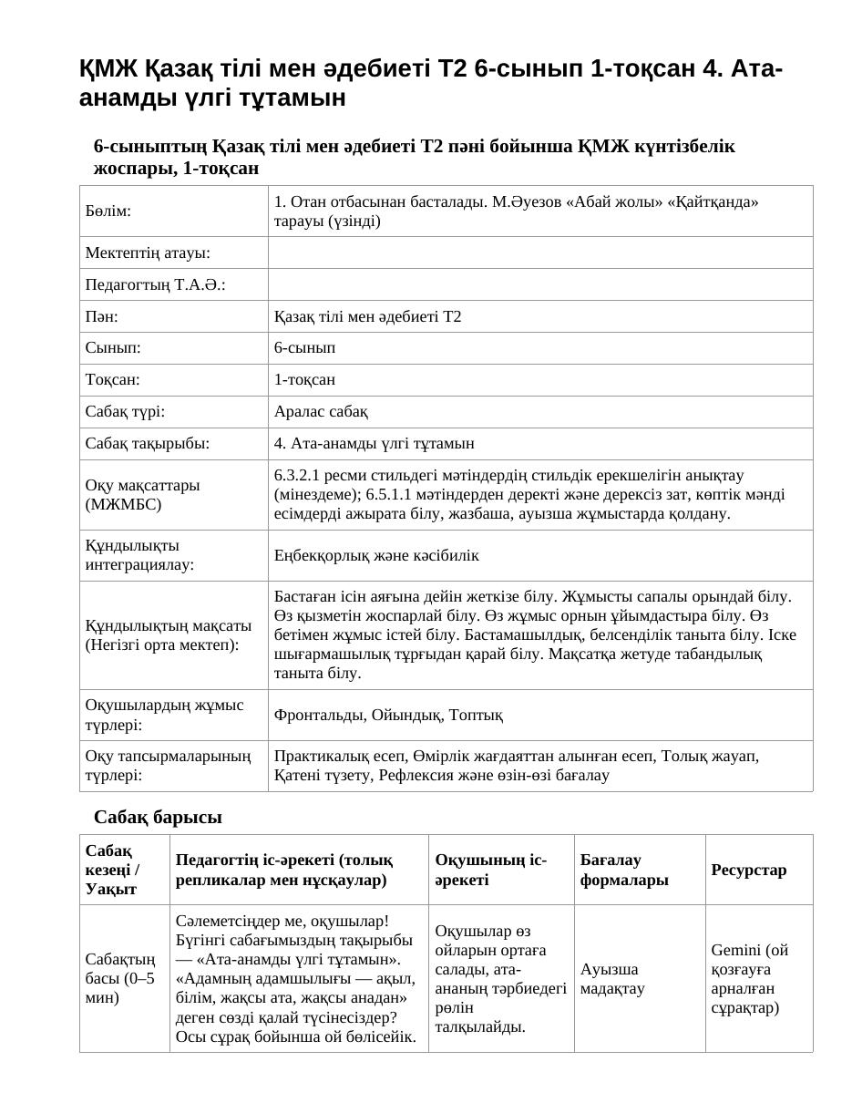 ҚМЖ Қазақ тілі мен әдебиеті Т2 6-сынып 1-тоқсан 4. Ата-анамды үлгі тұтамын