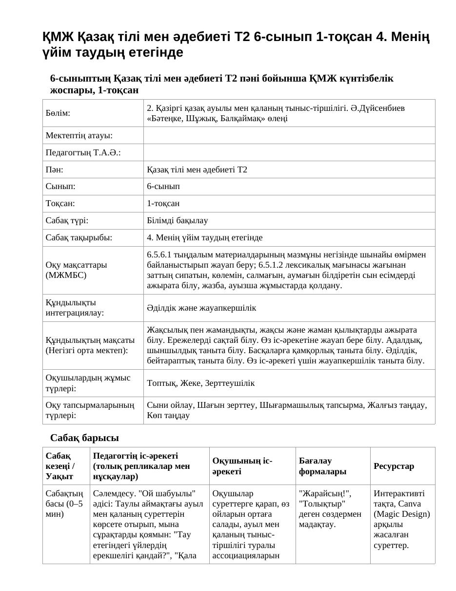 ҚМЖ Қазақ тілі мен әдебиеті Т2 6-сынып 1-тоқсан 4. Менің үйім таудың етегінде