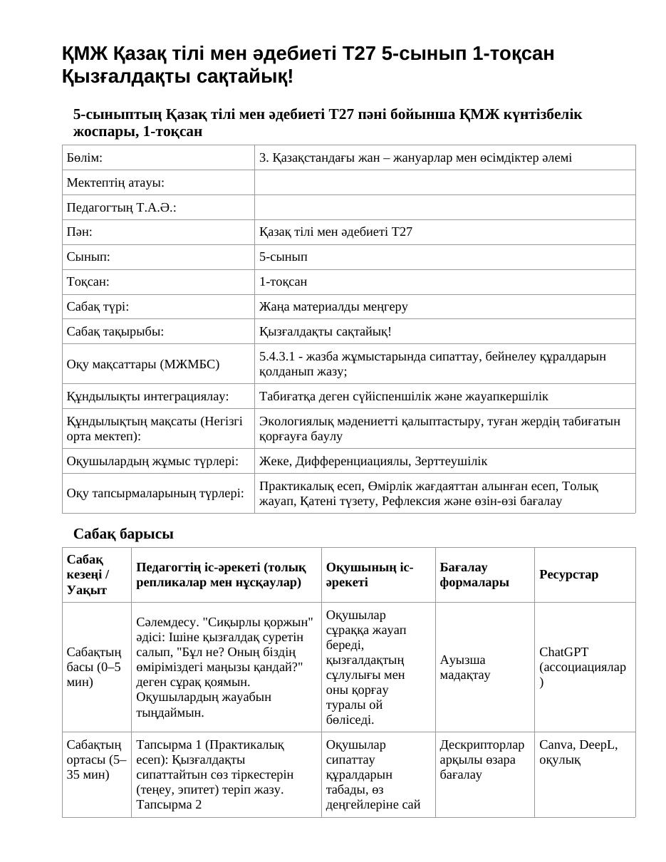 ҚМЖ Қазақ тілі мен әдебиеті Т2 5-сынып 1-тоқсан Қызғалдақты сақтайық! (1-сабақ)