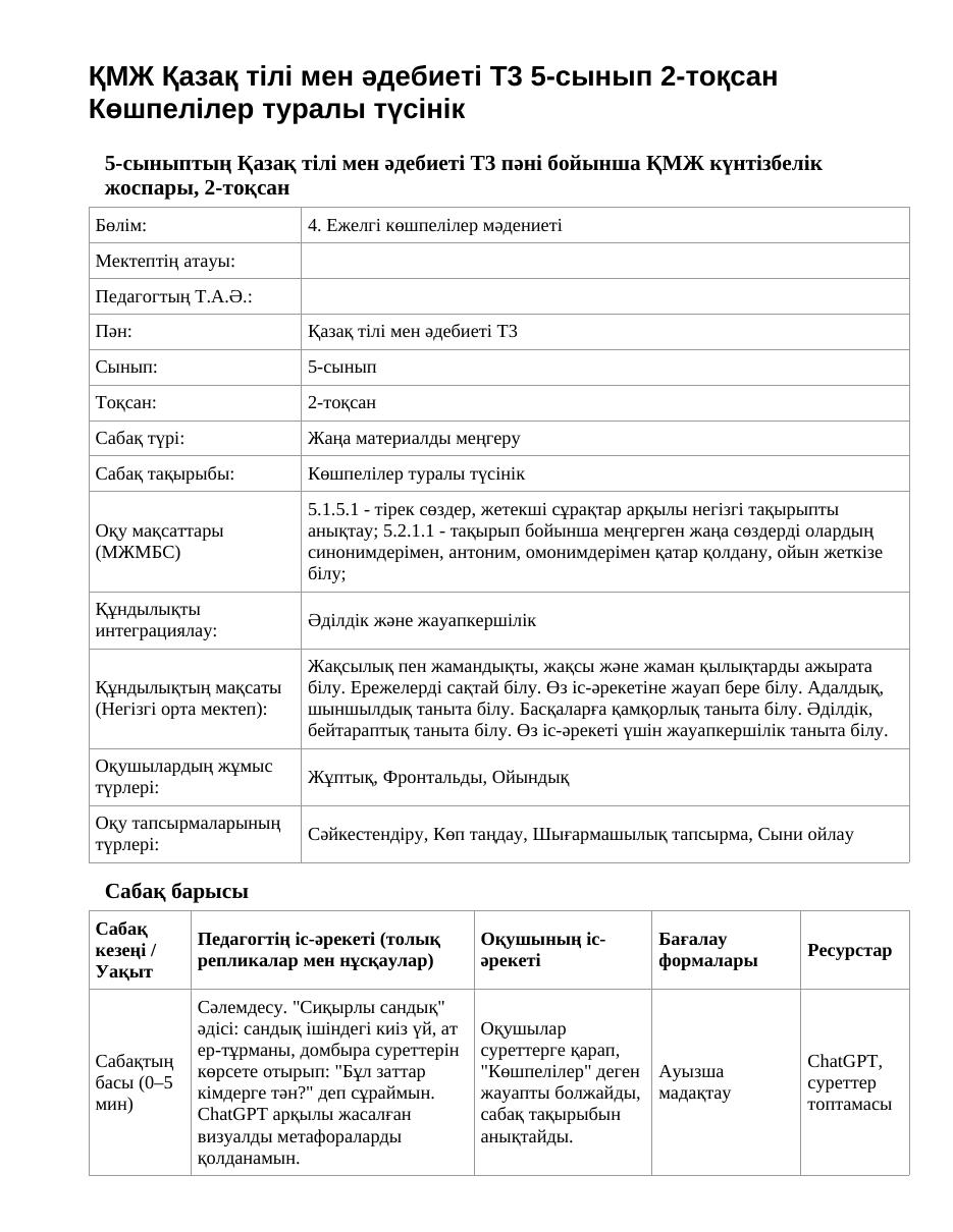 ҚМЖ Қазақ тілі мен әдебиеті Т2 5-сынып 2-тоқсан Көшпелілер туралы түсінік