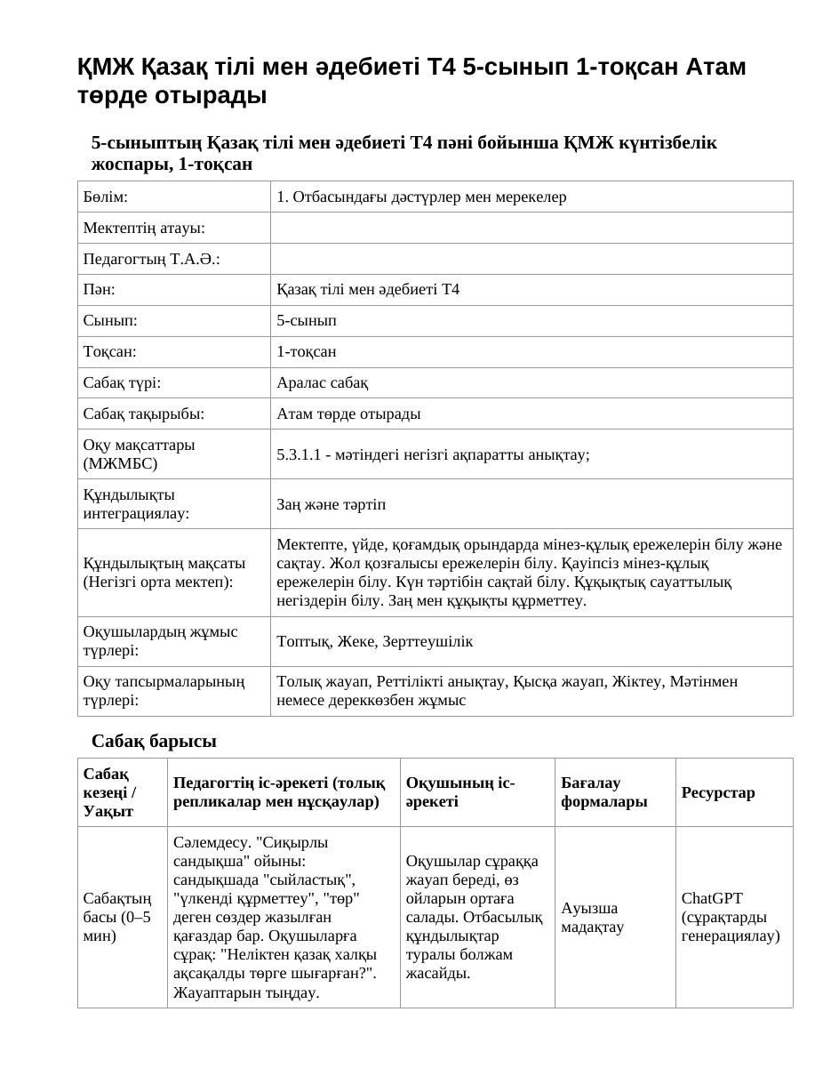 ҚМЖ Қазақ тілі мен әдебиеті Т2 5-сынып 1-тоқсан Атам төрде отырады (1-сабақ)