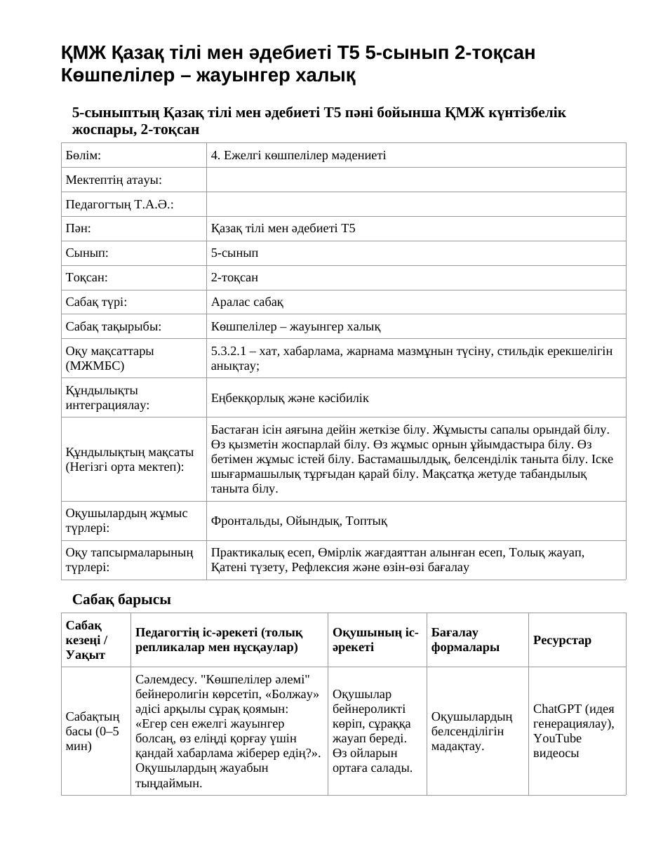 ҚМЖ Қазақ тілі мен әдебиеті Т2 5-сынып 2-тоқсан Көшпелілер – жауынгер халық (2-сабақ)