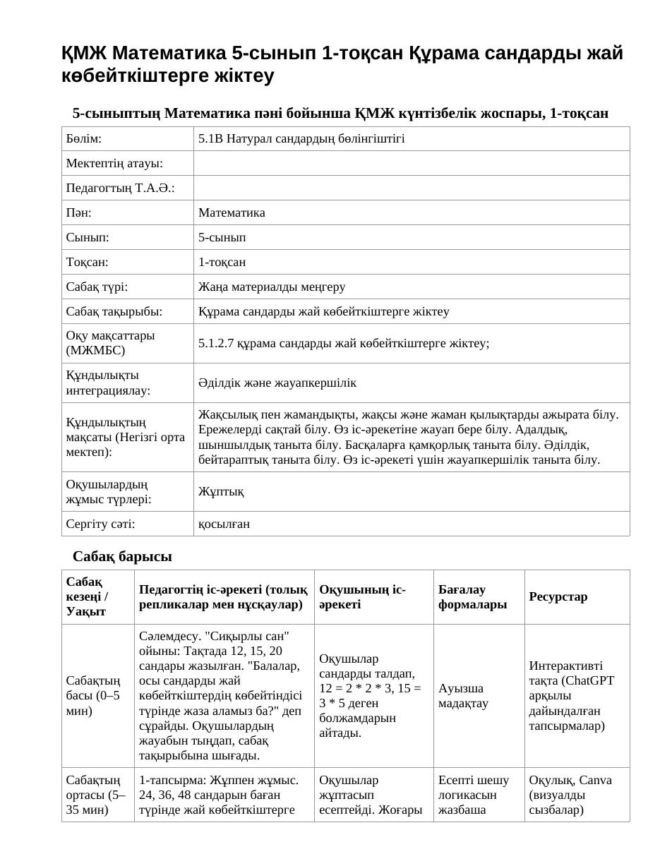 ҚМЖ Математика 5-сынып 1-тоқсан Құрама сандарды жай көбейткіштерге жіктеу