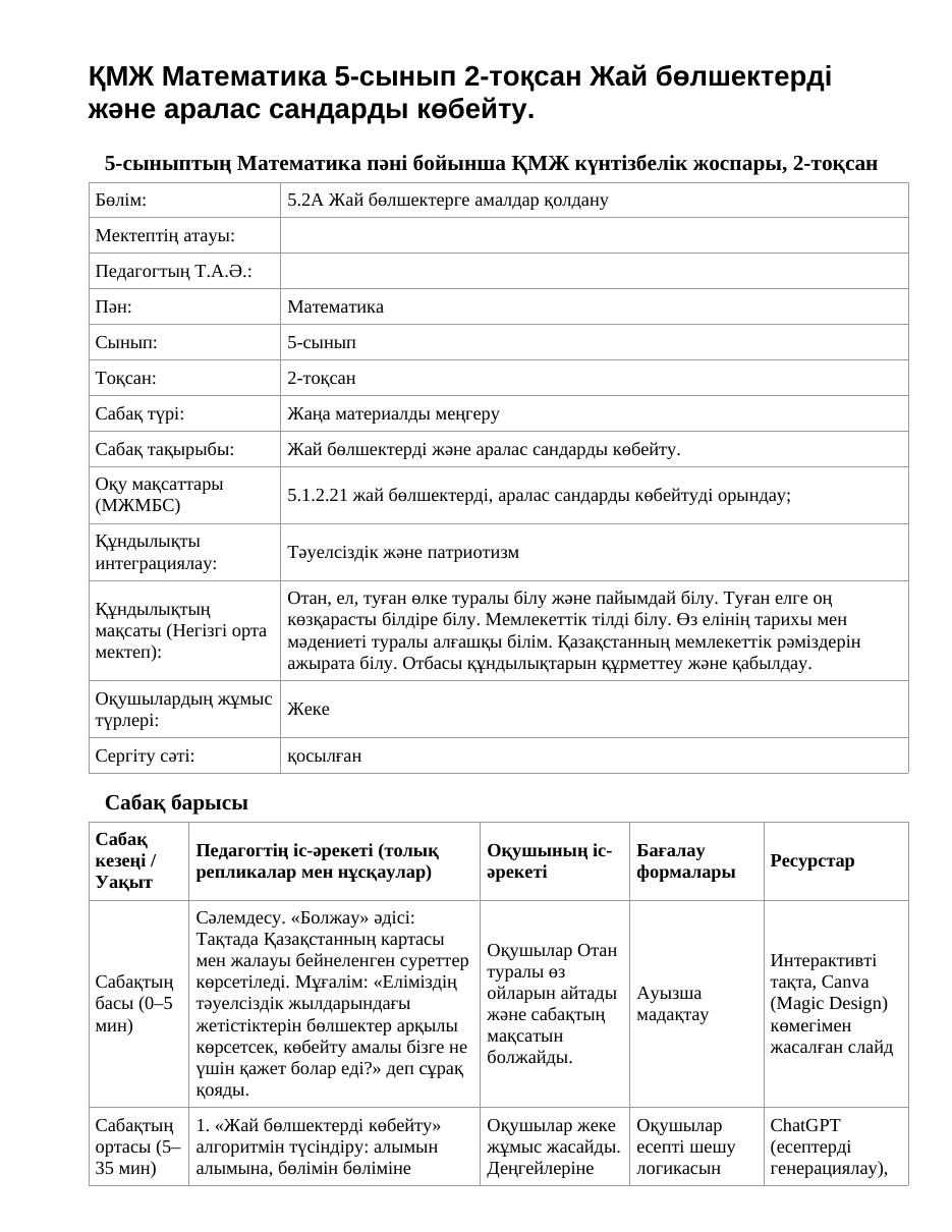 ҚМЖ Математика 5-сынып 2-тоқсан Жай бөлшектерді және аралас сандарды көбейту.