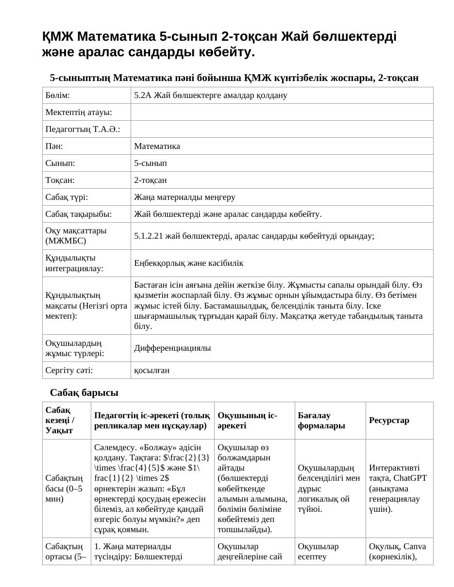ҚМЖ Математика 5-сынып 2-тоқсан Жай бөлшектерді және аралас сандарды көбейту.
