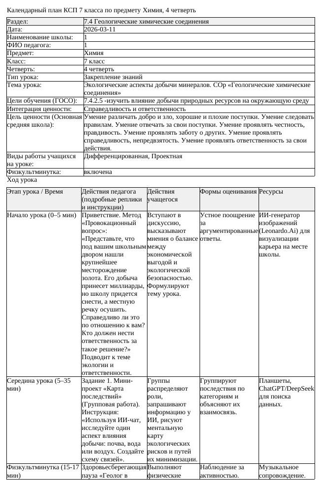 КСП1 Химия 7 класс 4 четверть Экологические аспекты добычи минералов (урок 3)
