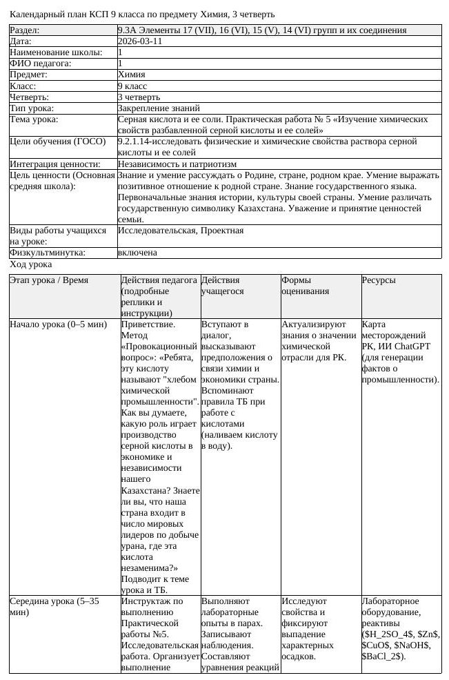 КСП1 Химия 9 класс 3 четверть Серная кислота и ее соли Практическая
