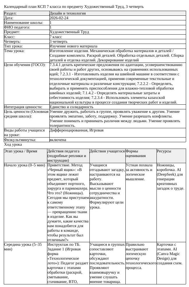 КСП1 Художественный Труд 7 класс 3 четверть Изготовление изделия (урок 2)