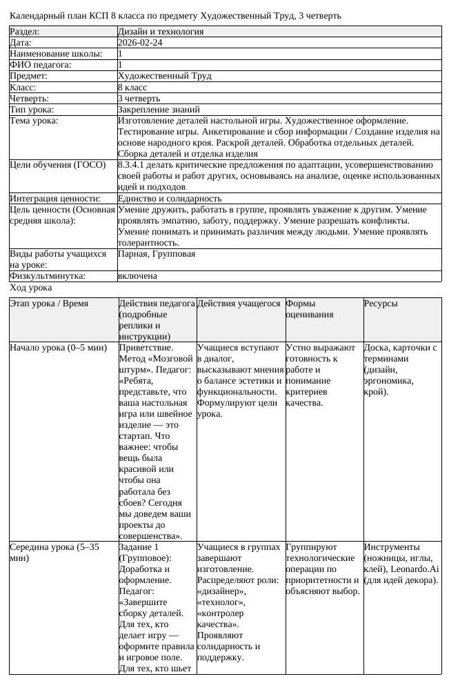 КСП 1Художественный Труд 8 класс 3 четверть Изготовление деталей