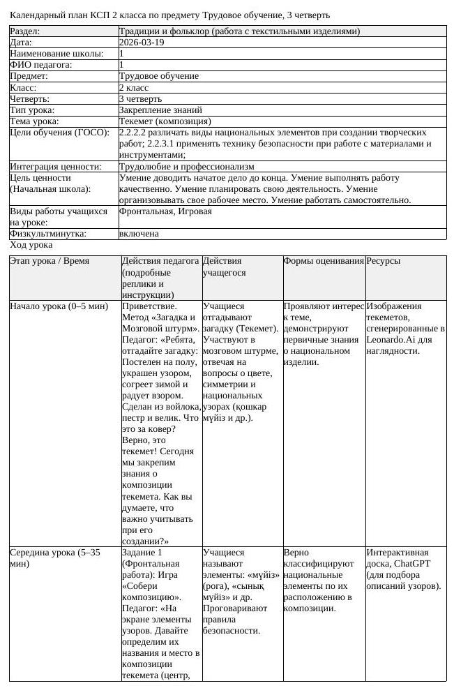 КСП 1Трудовое обучение 2 класс 3 четверть Текемет композиция