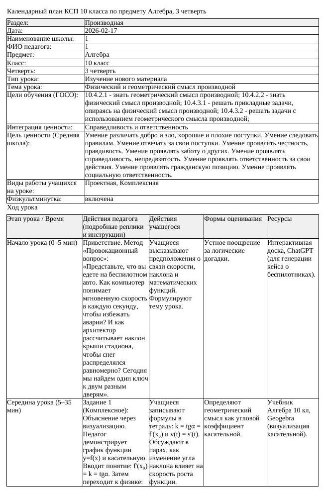 КСП Алгебра 10 класс 3 четверть Физический и геометрический смысл (урок 1)