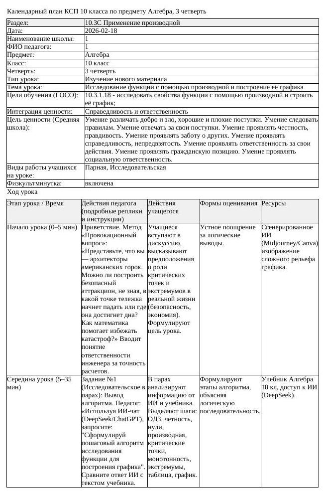 КСП Алгебра 10 класс 3 четверть Исследование функции с помощью производной (урок 5)