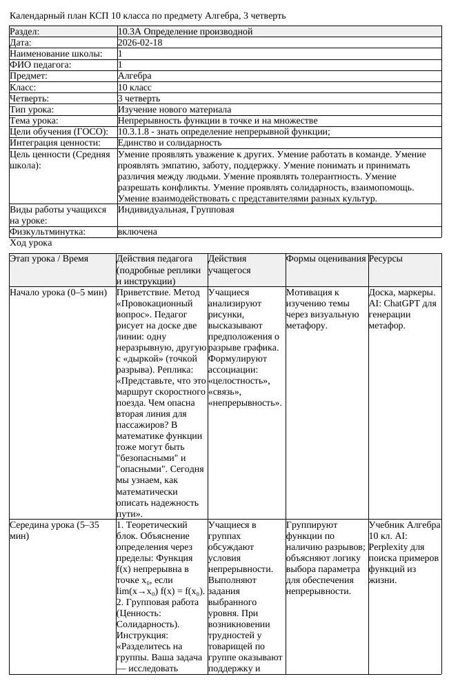 КСП Алгебра 10 класс 3 четверть Непрерывность функции в точке и на (урок 2)