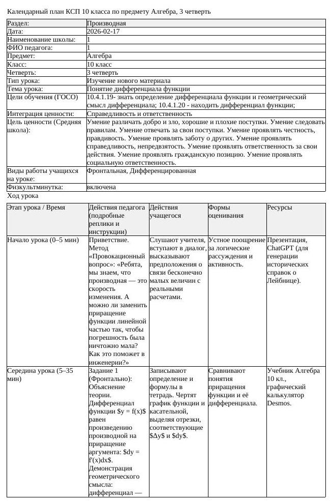 КСП Алгебра 10 класс 3 четверть Понятие дифференциала функции (урок 2)