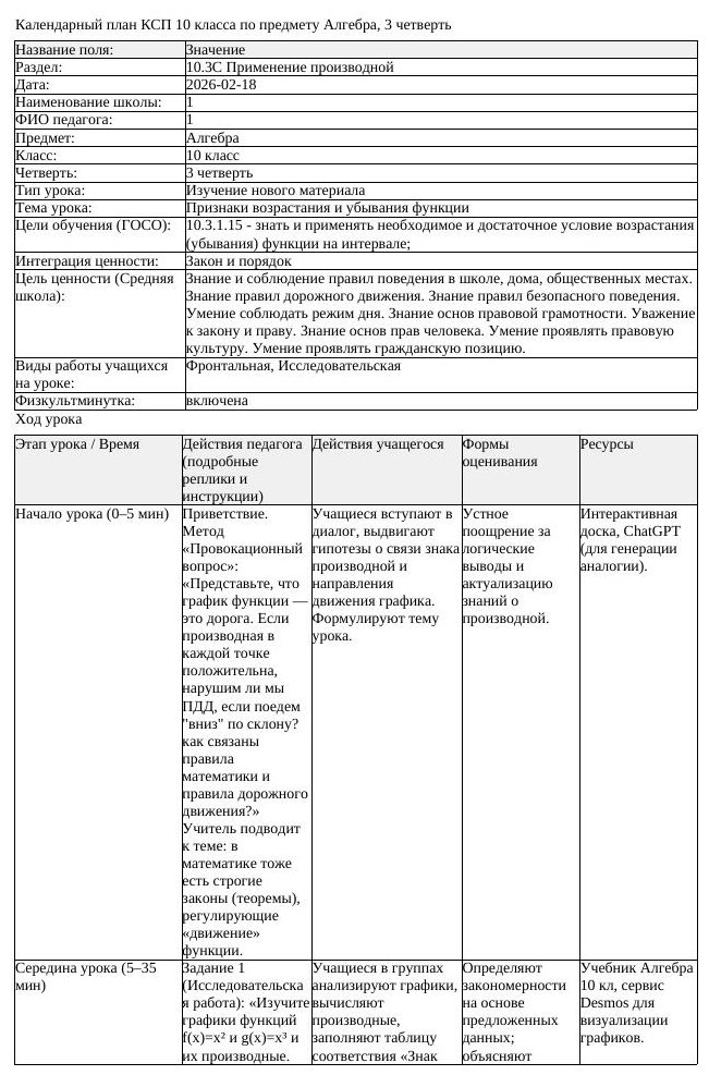 КСП Алгебра 10 класс 3 четверть Признаки возрастания и убывания функции