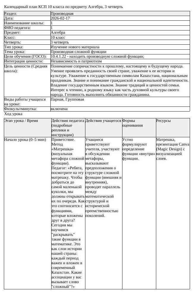 КСП Алгебра 10 класс 3 четверть Производная сложной функции (урок 1)