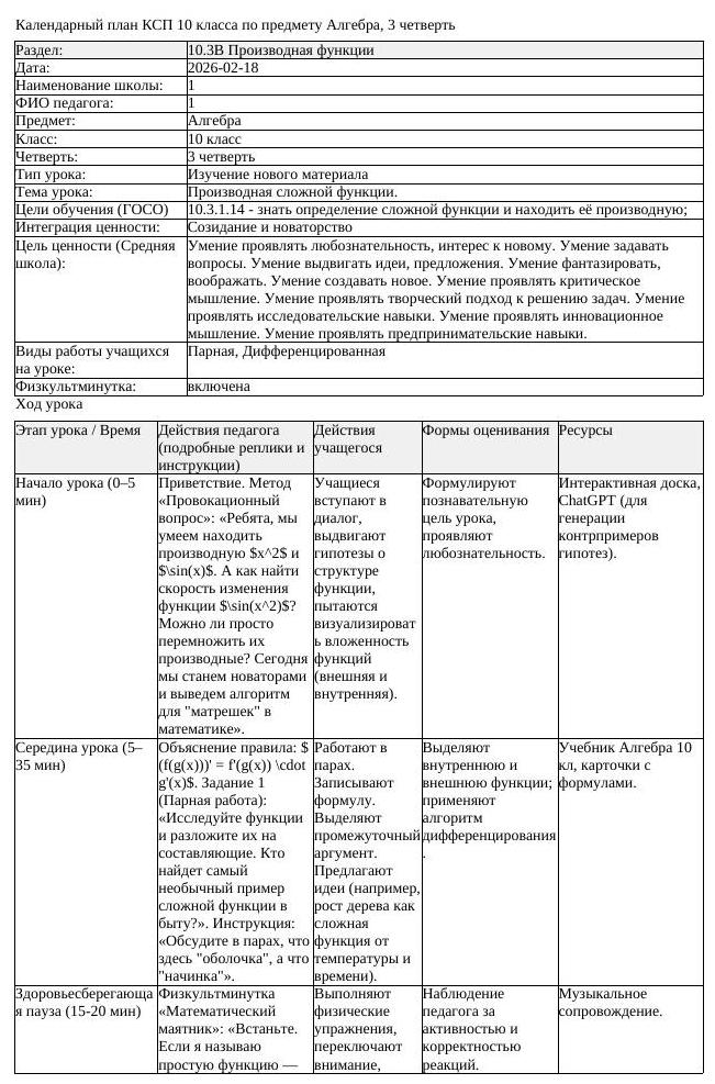 КСП Алгебра 10 класс 3 четверть Производная сложной функции (урок 2)