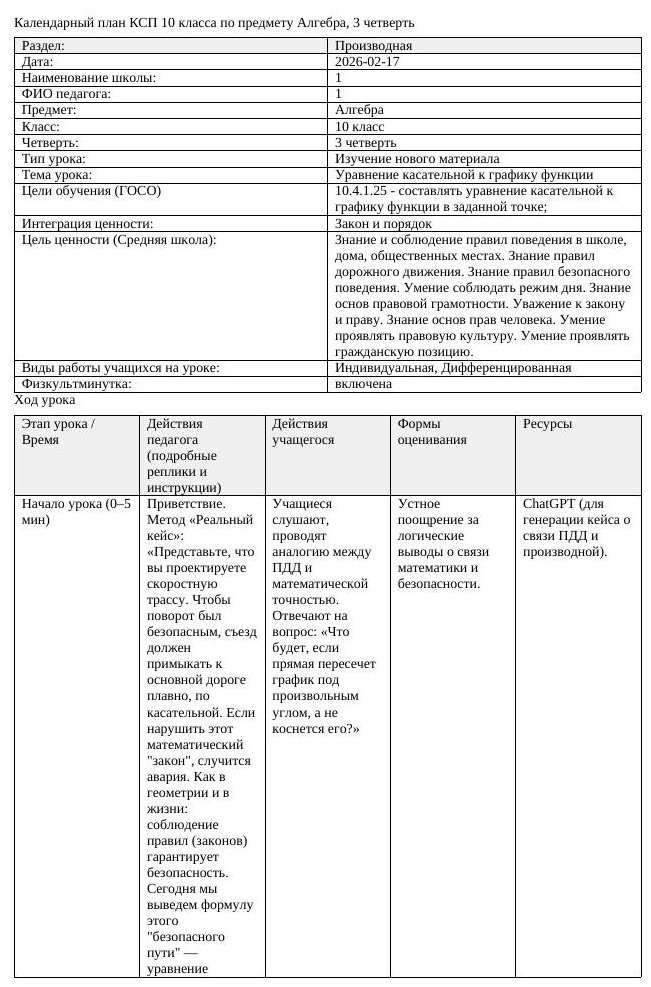 КСП Алгебра 10 класс 3 четверть Уравнение касательной к графику функции (урок 2)