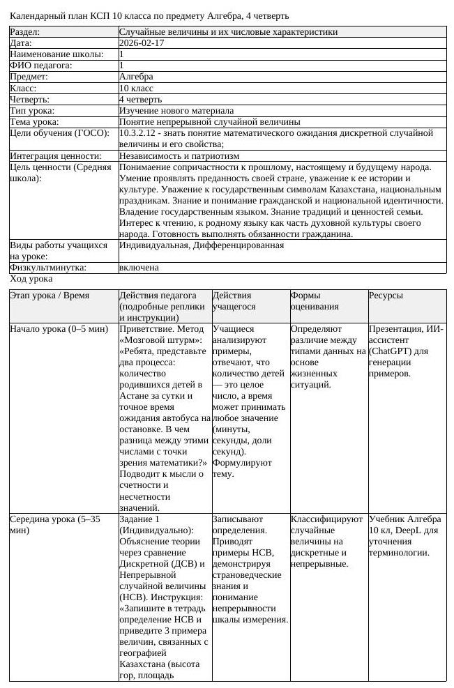 КСП Алгебра 10 класс 4 четверть Понятие непрерывной случайной величины