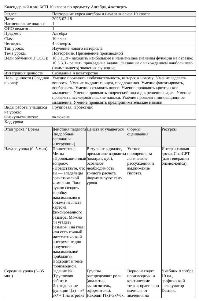 КСП Алгебра 10 класс 4 четверть Повторение Применение производной (урок 1)