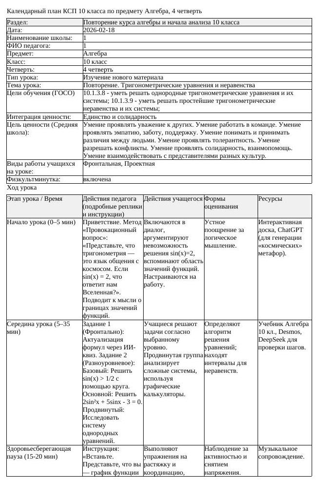 КСП Алгебра 10 класс 4 четверть Повторение Тригонометрические уравнения (урок 1)