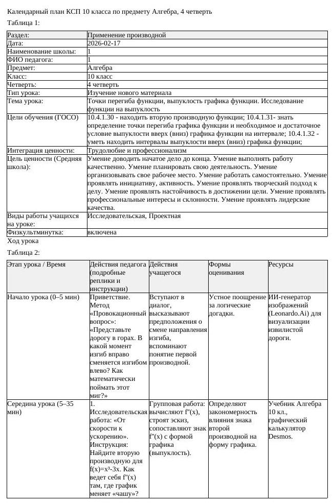 КСП Алгебра 10 класс 4 четверть Точки перегиба функции выпуклость (урок 1)