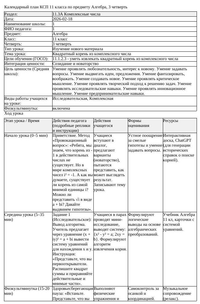 КСП Алгебра 11 класс 3 четверть Квадратный корень из комплексного