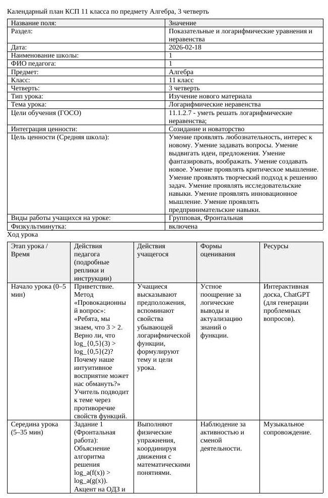 КСП Алгебра 11 класс 3 четверть Логарифмические неравенства (урок 1)