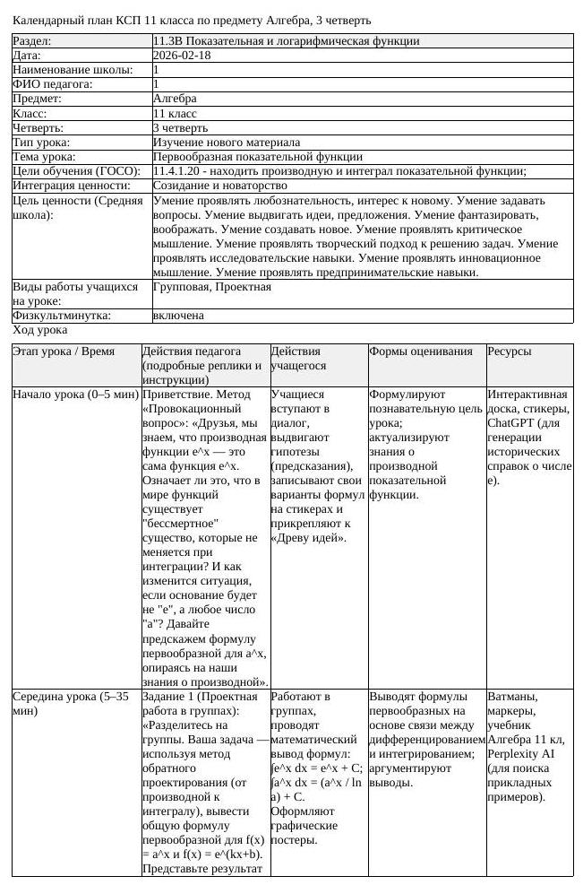 КСП Алгебра 11 класс 3 четверть Первообразная показательной функции